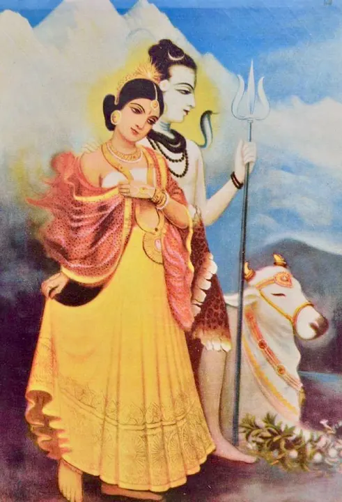 Shiva, Parvati and Nandi, oleograph by Raja Ravi Varma
