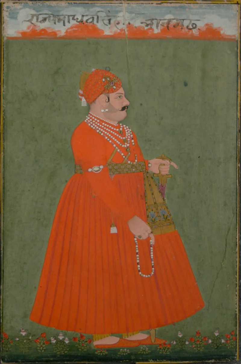 A painting of Sawai Madho Singh of Jaipur holding a japa mala of pearls and rubies