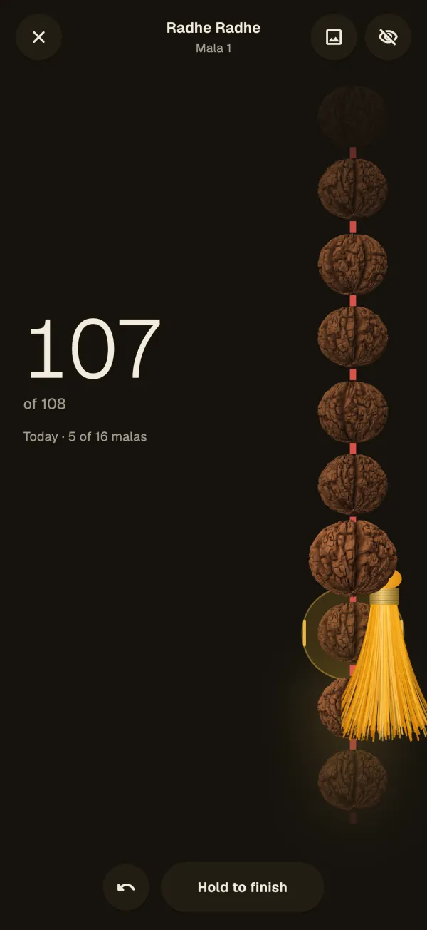 The Japo counter at bead 107, the sumeru and gold tassel arriving at the thumb band