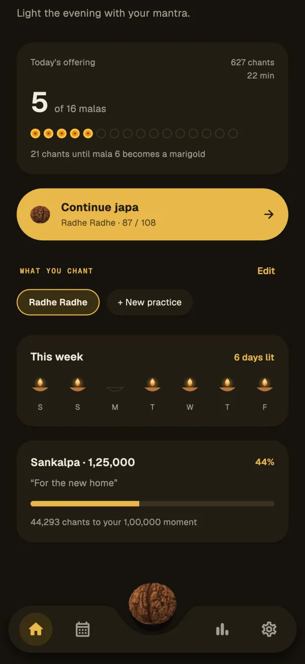 The Japo home screen showing a sankalpa of 1,25,000 at 44 percent, taken for the new home
