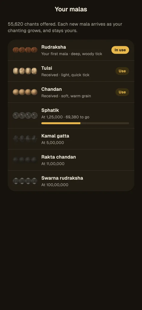 The mala collection in Japo with Rudraksha, Tulsi and Chandan received